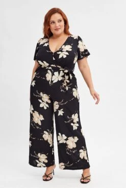 Black Floral Wideleg Jumpsuit Short Sleeve Wrapover Front -You And All Fashion Store cdp31974a 47ab floral 3