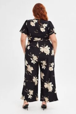 Black Floral Wideleg Jumpsuit Short Sleeve Wrapover Front -You And All Fashion Store cdp31974a 47ab floral 5