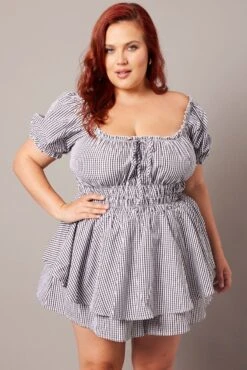 Black Check Puff Sleeve Shirred Waist Gingham Playsuit -You And All Fashion Store cdp32257 35ab check 3