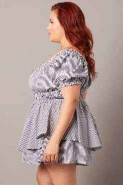 Black Check Puff Sleeve Shirred Waist Gingham Playsuit -You And All Fashion Store cdp32257 35ab check 4