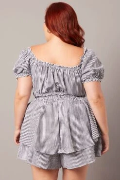 Black Check Puff Sleeve Shirred Waist Gingham Playsuit -You And All Fashion Store cdp32257 35ab check 5