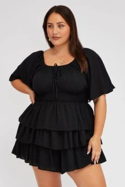 Black Textured Frill Playsuit Flare Sleeve