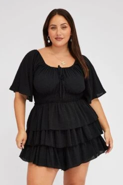 Black Textured Frill Playsuit Flare Sleeve -You And All Fashion Store cdp32258 35a black 3
