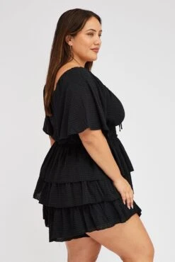 Black Textured Frill Playsuit Flare Sleeve -You And All Fashion Store cdp32258 35a black 4