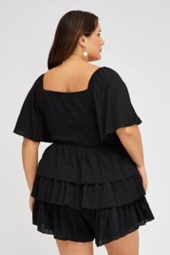 Black Textured Frill Playsuit Flare Sleeve -You And All Fashion Store cdp32258 35a black 5