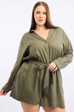 Green Playsuit Long Sleeve Linen Blend