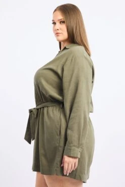 Green Playsuit Long Sleeve Linen Blend -You And All Fashion Store cdp3466 129rb wash khaki 3