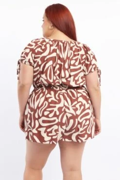 Brown Abstract Playsuit Short Sleeve Linen Blend -You And All Fashion Store cdp3626a 123r abstract 5