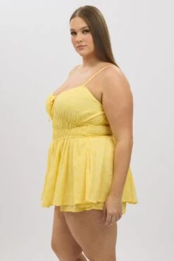 Yellow Ruched Playsuit Sleeveless Broderie -You And All Fashion Store cdp4023a 35r yellow 4
