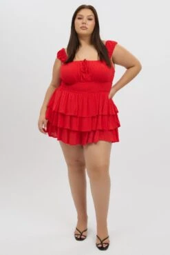 Red Tiered Playsuit Short Sleeve Ruched Bust -You And All Fashion Store cdp4371 47rb red 3