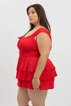 Red Tiered Playsuit Short Sleeve Ruched Bust -You And All Fashion Store cdp4371 47rb red 4