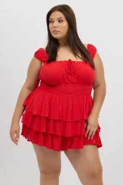 Red Tiered Playsuit Short Sleeve Ruched Bust -You And All Fashion Store cdp4371 47rb red 6
