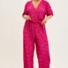 Pink Wide Leg Jumpsuit Plisse Short Sleeve