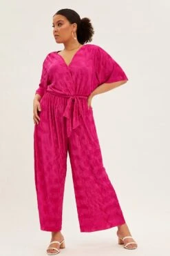 Pink Wide Leg Jumpsuit Plisse Short Sleeve -You And All Fashion Store cdp7741 36ab hot pink 3
