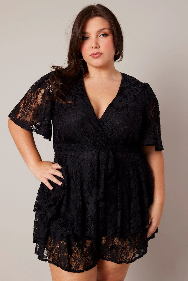 Black Ruffle Playsuit Short Sleeve Lace 1 Black Ruffle Playsuit Short Sleeve Lace