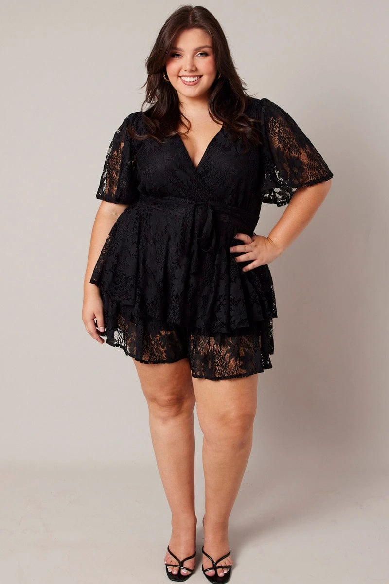Black Ruffle Playsuit Short Sleeve Lace 2 Black Ruffle Playsuit Short Sleeve Lace - Image 2