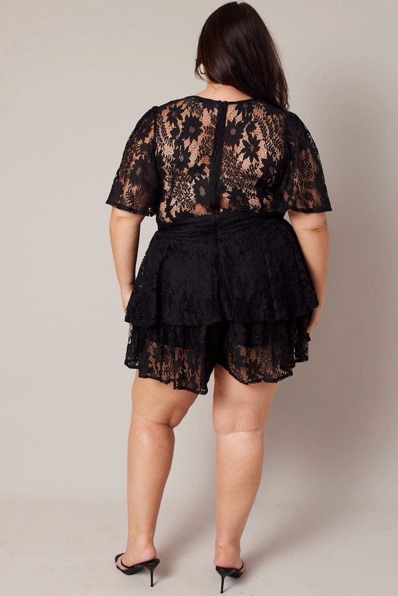 Black Ruffle Playsuit Short Sleeve Lace 5 Black Ruffle Playsuit Short Sleeve Lace - Image 5