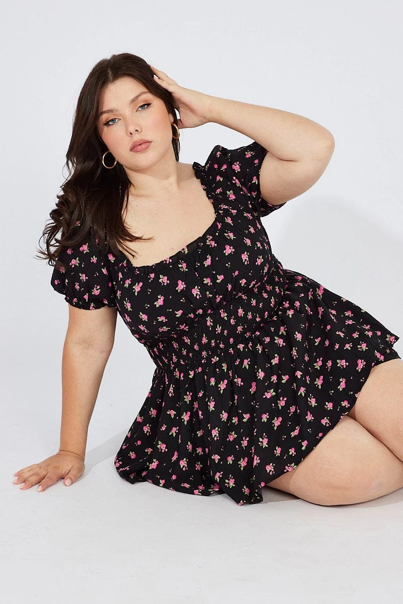 Black Ditsy Ruched Playsuit Short Sleeve 1 Black Ditsy Ruched Playsuit Short Sleeve