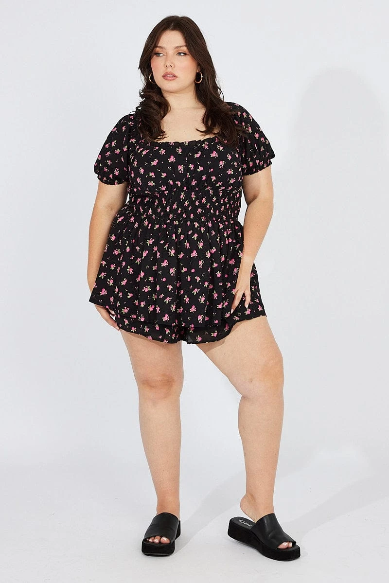 Black Ditsy Ruched Playsuit Short Sleeve 2 Black Ditsy Ruched Playsuit Short Sleeve - Image 2