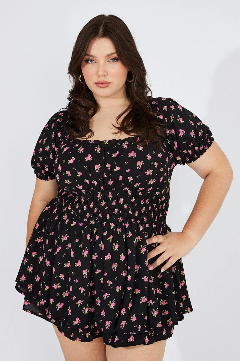 Black Ditsy Ruched Playsuit Short Sleeve 3 Black Ditsy Ruched Playsuit Short Sleeve - Image 3