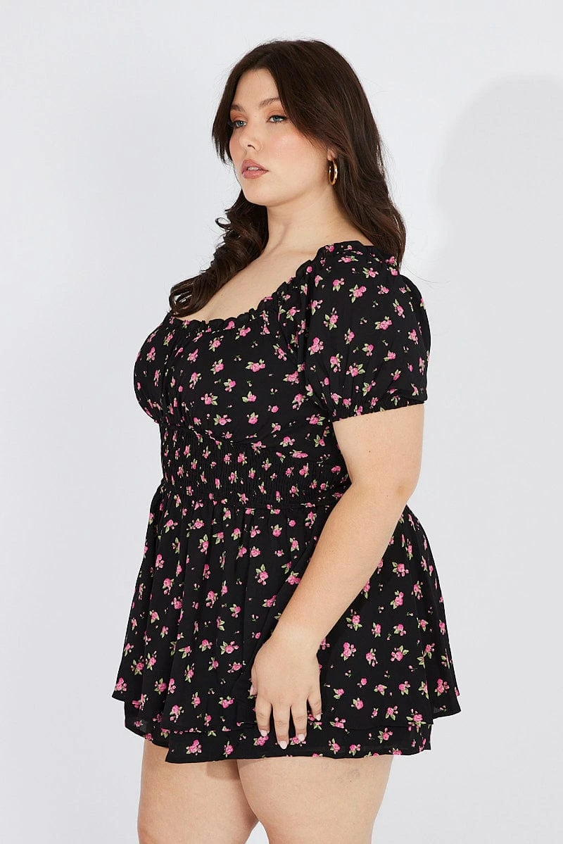 Black Ditsy Ruched Playsuit Short Sleeve 4 Black Ditsy Ruched Playsuit Short Sleeve - Image 4