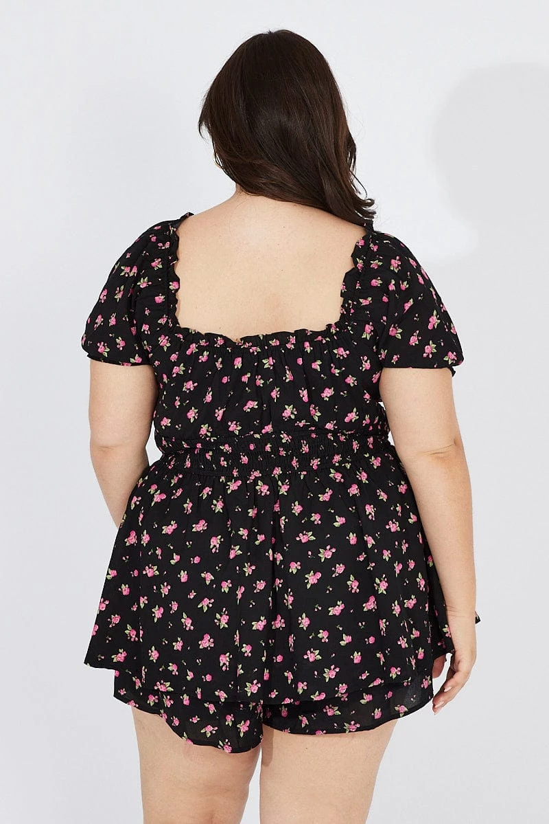Black Ditsy Ruched Playsuit Short Sleeve 5 Black Ditsy Ruched Playsuit Short Sleeve - Image 5