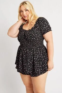 Black Floral Ruffle Playsuit Short Sleeve -You And All Fashion Store cdpc1698k 35rb floral 3