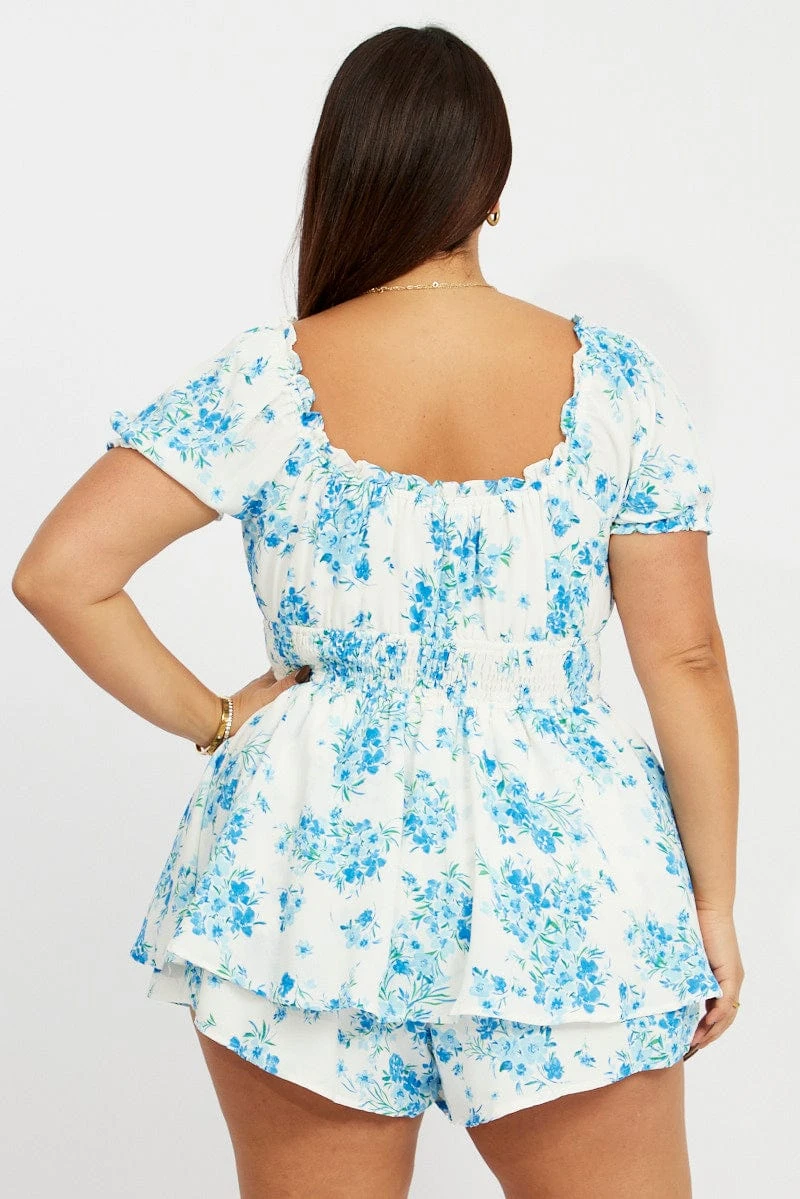 Blue Floral Ruched Playsuit Short Sleeve 5 Blue Floral Ruched Playsuit Short Sleeve - Image 5