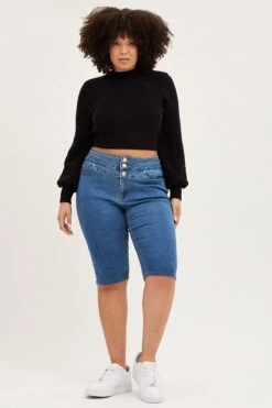 Blue High Rise 3 Buttons Knee Length Blue Shorts -You And All Fashion Store cds13145b 33j denim 3