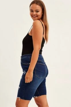 Blue Knee Length Denim Shorts High Rise 5 Buttons -You And All Fashion Store cds1635a 20jb indigo 4