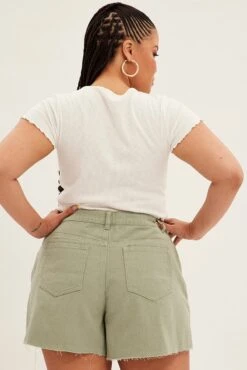 Green Relaxed Denim Shorts High Rise Side Slit -You And All Fashion Store cds1717a 33jb khaki 5