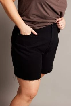 Black Longline Shorts High Rise Relaxed Fit Raw Hem -You And All Fashion Store cds1897a 84j black 3