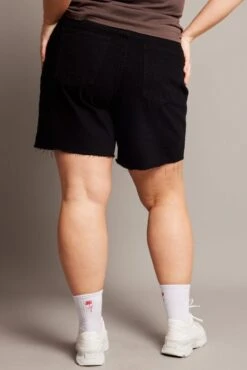 Black Longline Shorts High Rise Relaxed Fit Raw Hem -You And All Fashion Store cds1897a 84j black 5