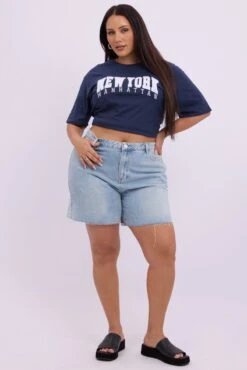 Denim Longline Shorts High Rise Relaxed Fit Raw Hem -You And All Fashion Store cds1897c 84jb mid wash 3