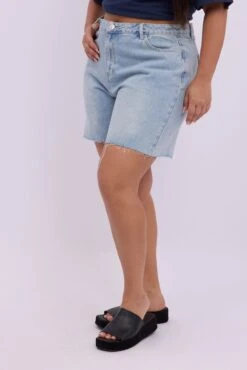 Denim Longline Shorts High Rise Relaxed Fit Raw Hem -You And All Fashion Store cds1897c 84jb mid wash 4