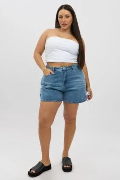 Denim Relaxed Shorts High Rise Side Ribbon Detail -You And All Fashion Store cds2264e 84jb dark wash 3