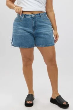 Denim Relaxed Shorts High Rise Side Ribbon Detail -You And All Fashion Store cds2264e 84jb dark wash 4