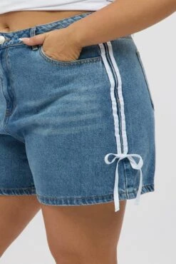 Denim Relaxed Shorts High Rise Side Ribbon Detail -You And All Fashion Store cds2264e 84jb dark wash 6
