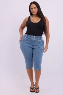 Denim Capri Jeans High Rise -You And All Fashion Store cds2455 84jb mid wash 3