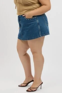 Denim Skorts Skirt High Rise Stud Detail -You And All Fashion Store cds3010 117j mid wash 4