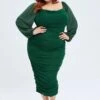 Green Bodycon Dress Mesh Balloon Sleeve Ruched Midi