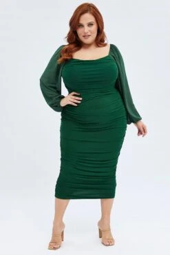Green Bodycon Dress Mesh Balloon Sleeve Ruched Midi -You And All Fashion Store ced0175 35ab forest 3