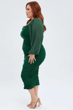 Green Bodycon Dress Mesh Balloon Sleeve Ruched Midi -You And All Fashion Store ced0175 35ab forest 4