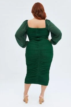 Green Bodycon Dress Mesh Balloon Sleeve Ruched Midi -You And All Fashion Store ced0175 35ab forest 5
