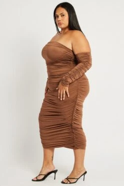 Brown Ruched Jersey Midi Dress -You And All Fashion Store ced0237 47ab chocolate 4