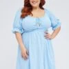 Mid Blue Short Puff Sleeve Peephole Blue Skater Dress