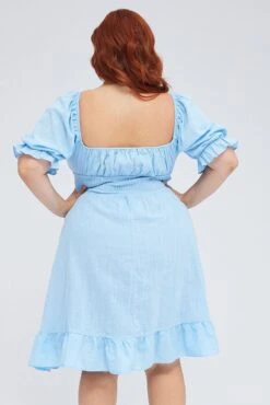 Mid Blue Short Puff Sleeve Peephole Blue Skater Dress -You And All Fashion Store ced1024a 34a mid blue 5