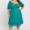 Green Short Puff Sleeve Peephole Skater Dress