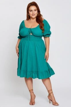 Green Short Puff Sleeve Peephole Skater Dress -You And All Fashion Store ced1024a 34ab forest 3 1