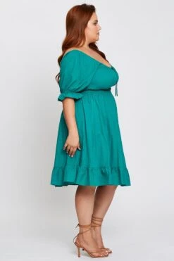 Green Short Puff Sleeve Peephole Skater Dress -You And All Fashion Store ced1024a 34ab forest 4 1